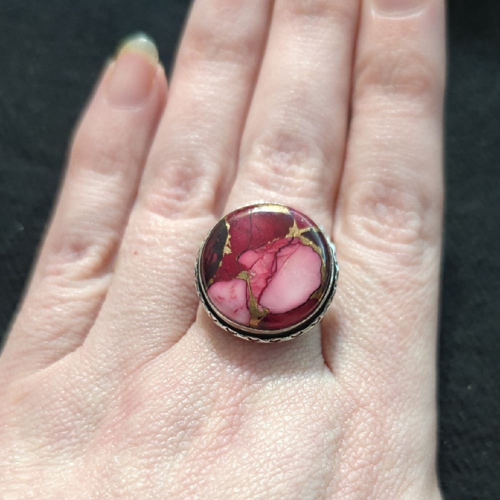 Silver Plated Red Rose Dahlia Kingman Turquoise Gemstone Round Statement Ring 9